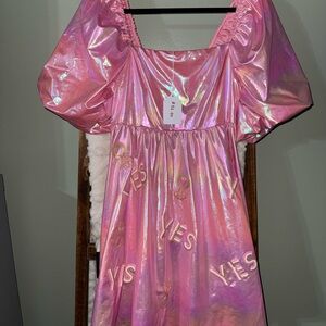 Pink Iridescent Puff-Sleeve Dress - YES Embroidered Dress
